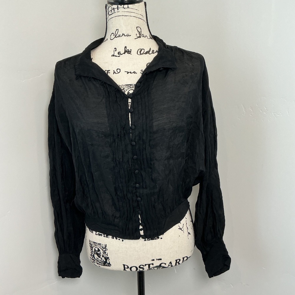 lalavon Black Crinkle Gauze Button‎ Up Shirt Blouse Long Sleeve Sheer M